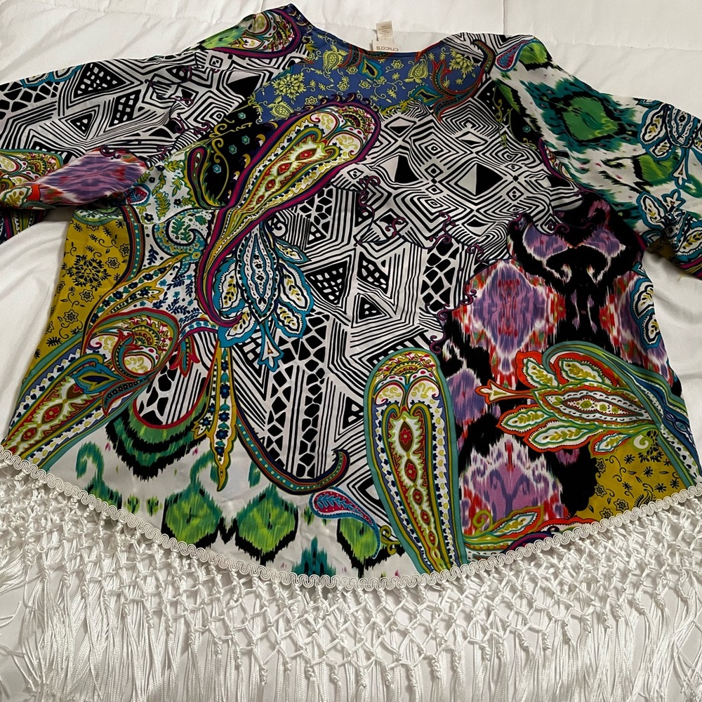 Stunning Chico's Size 3X Multicolor Paisley Blouse Shirt Top Fringe Polyester